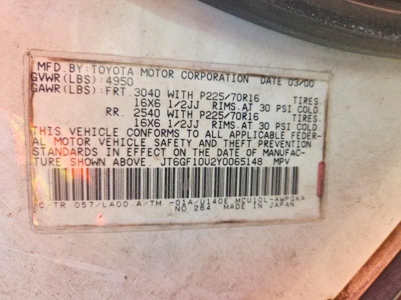 2000 Lexus Rx მანქანა იყიდება აუქციონზე, vin: JT6GF10U2Y0065148, აუქციონის ნომერი: 59733636