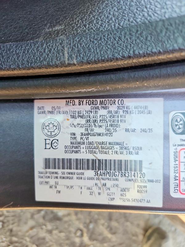 Продаж на аукціоні авто 2011 Ford Fusion, vin: 3FAHP0JG7BR314120, номер лоту: 59386056