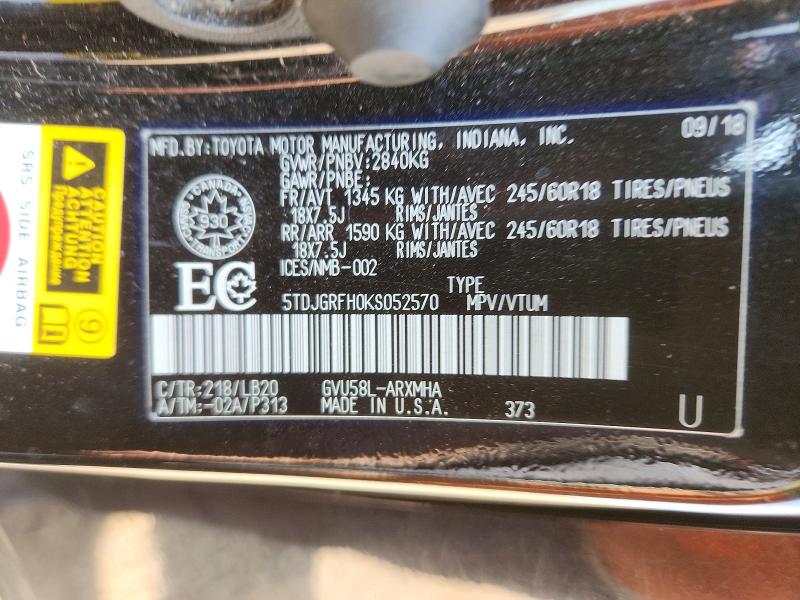 63424846 :رقم المزاد ، 5TDJGRFH0KS052570 vin ، 2019 Toyota Highlander مزاد بيع