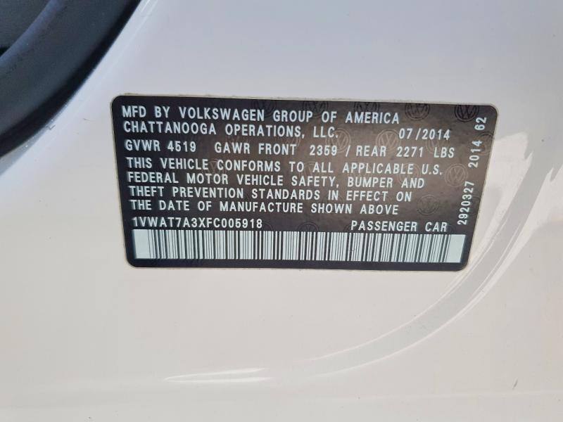 62026016 :رقم المزاد ، 1VWAT7A3XFC005918 vin ، 2015 Volkswagen Passat مزاد بيع