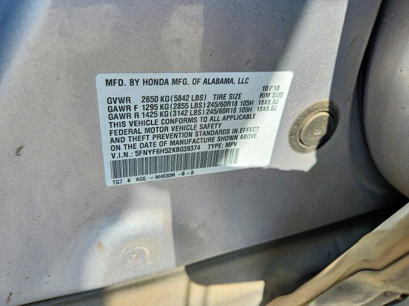 61590176 :رقم المزاد ، 5FNYF6H52KB039374 vin ، 2019 Honda Pilot مزاد بيع