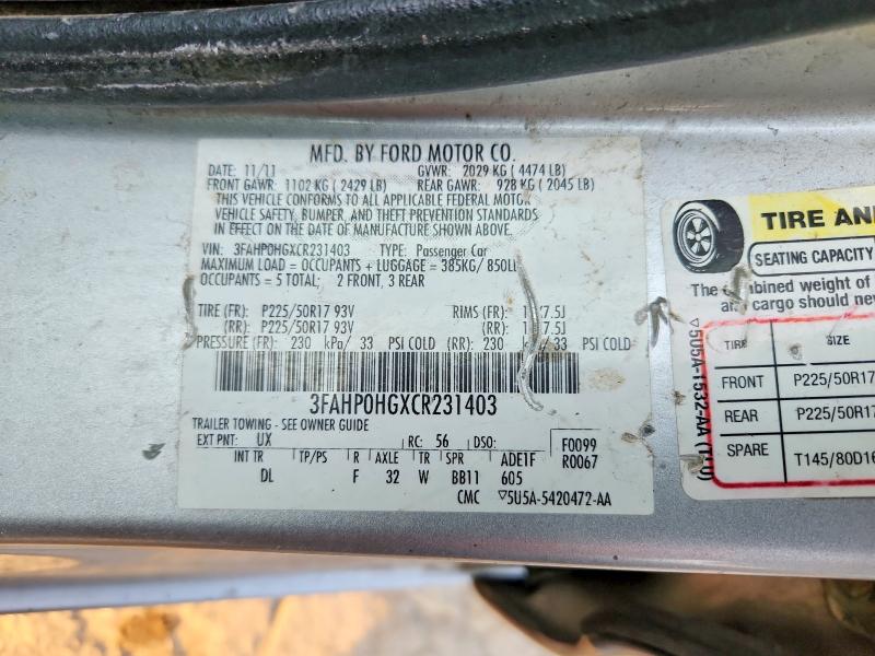 Aukcja sprzedaży 2012 Ford Fusion, vin: 3FAHP0HGXCR231403, numer aukcji: 60006566
