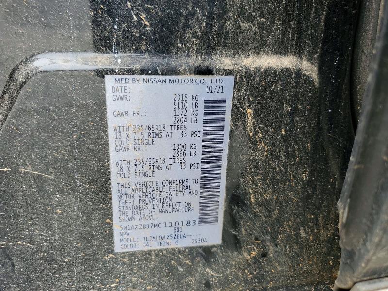 2021 Nissan Murano მანქანა იყიდება აუქციონზე, vin: 5N1AZ2BJ7MC110183, აუქციონის ნომერი: 62483286
