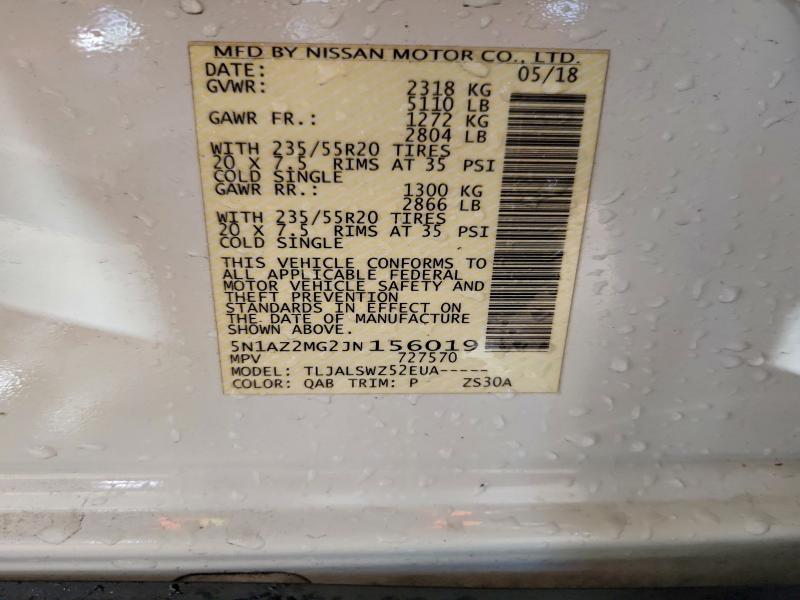 2018 Nissan Murano მანქანა იყიდება აუქციონზე, vin: 5N1AZ2MG2JN156019, აუქციონის ნომერი: 59645676