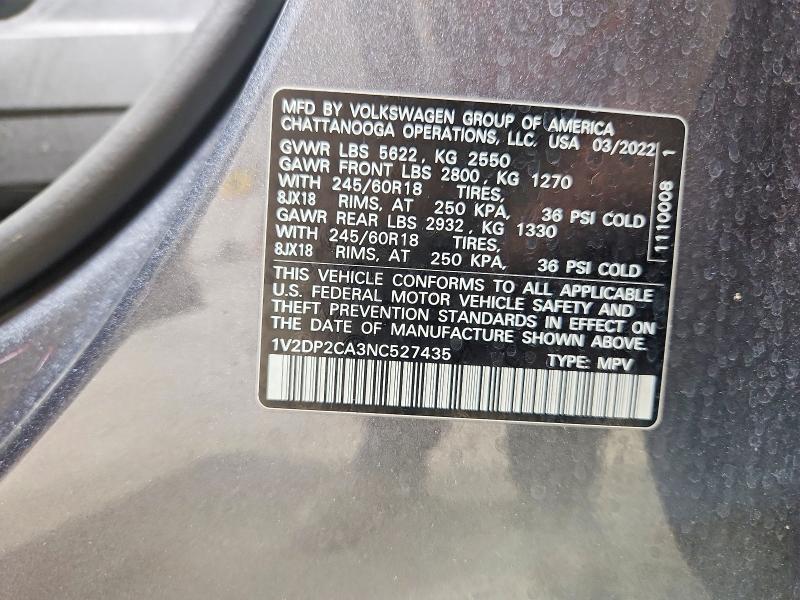 62253626 :رقم المزاد ، 1V2DP2CA3NC527435 vin ، 2022 Volkswagen Atlas مزاد بيع