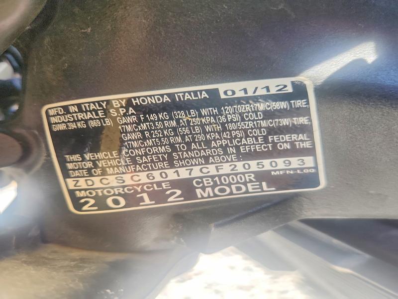 61380576 :رقم المزاد ، ZDCSC6017CF205093 vin ، 2012 Honda Cb1000 مزاد بيع