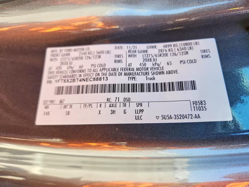 2022 Ford F250 მანქანა იყიდება აუქციონზე, vin: 1FT8X2BT4NEC88813, აუქციონის ნომერი: 59724456