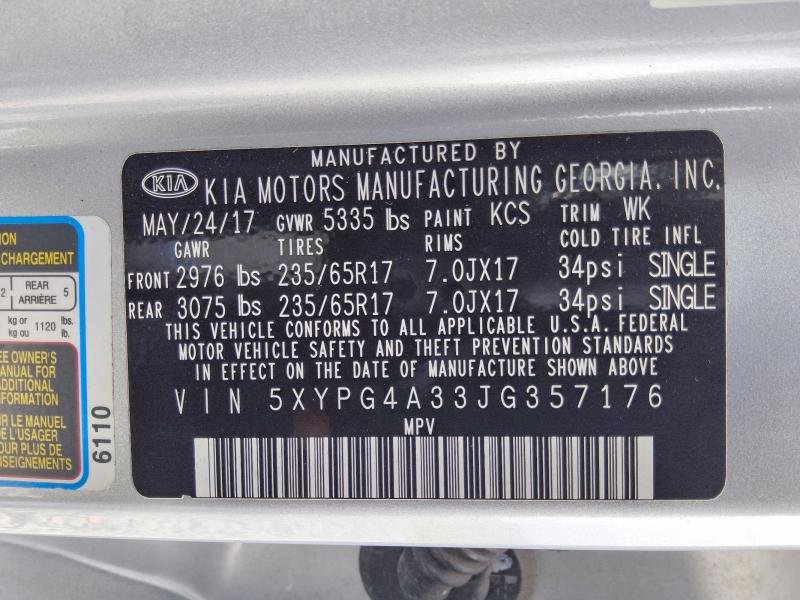Продаж на аукціоні авто 2018 Kia Sorento, vin: 5XYPG4A33JG357176, номер лоту: 60853686