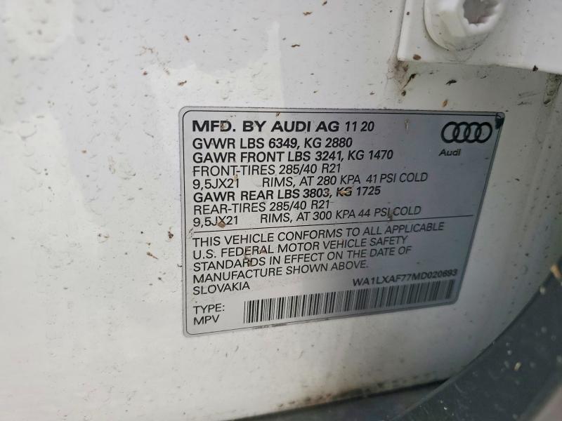 2021 Audi Q7 მანქანა იყიდება აუქციონზე, vin: WA1LXAF77MD020693, აუქციონის ნომერი: 60248756
