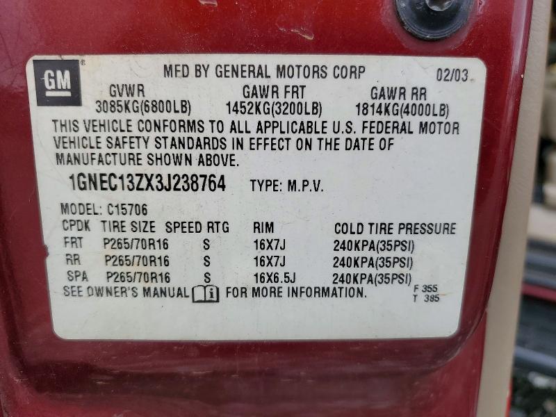 2003 Chevrolet Tahoe მანქანა იყიდება აუქციონზე, vin: 1GNEC13ZX3J238764, აუქციონის ნომერი: 62806486