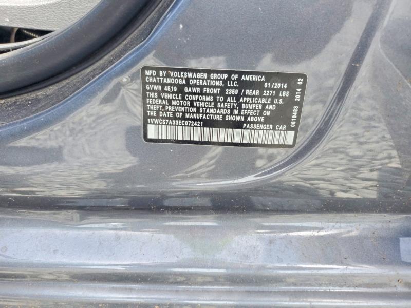 60160646 :رقم المزاد ، 1VWCS7A33EC072421 vin ، 2014 Volkswagen Passat مزاد بيع
