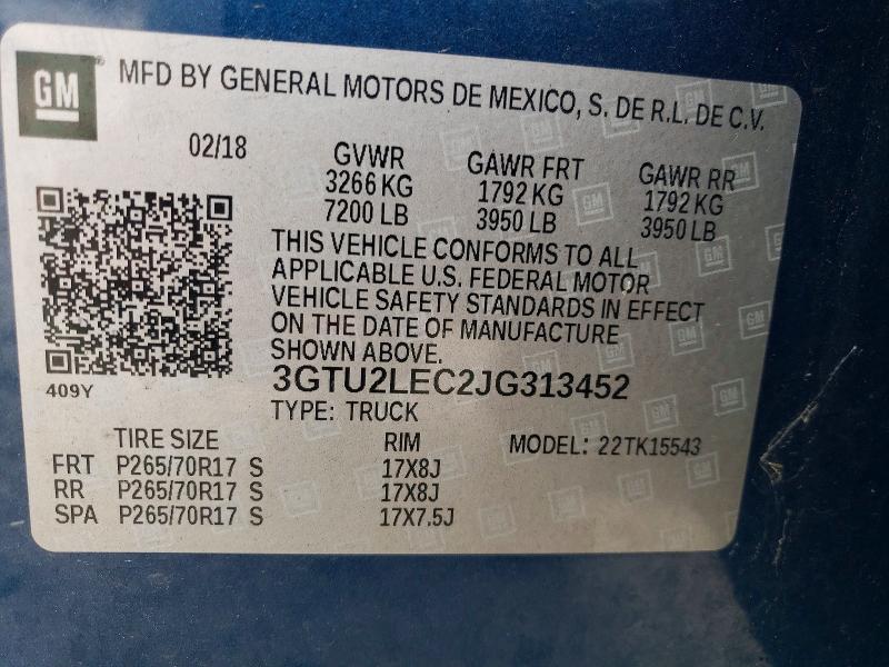 61483116 :رقم المزاد ، 3GTU2LEC2JG313452 vin ، 2018 Gmc Sierra مزاد بيع