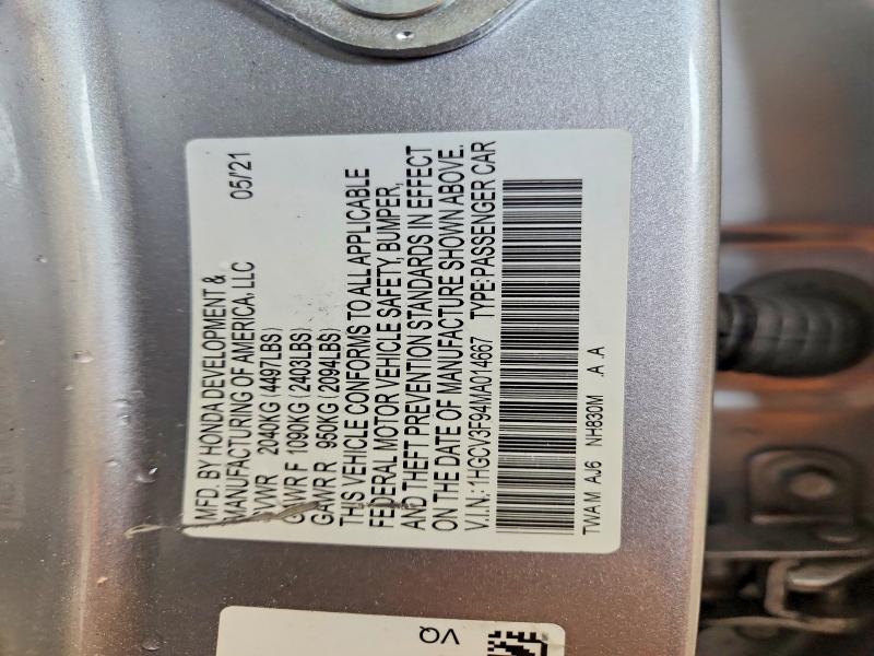 60194046 :رقم المزاد ، 1HGCV3F94MA014667 vin ، 2021 Honda Accord مزاد بيع
