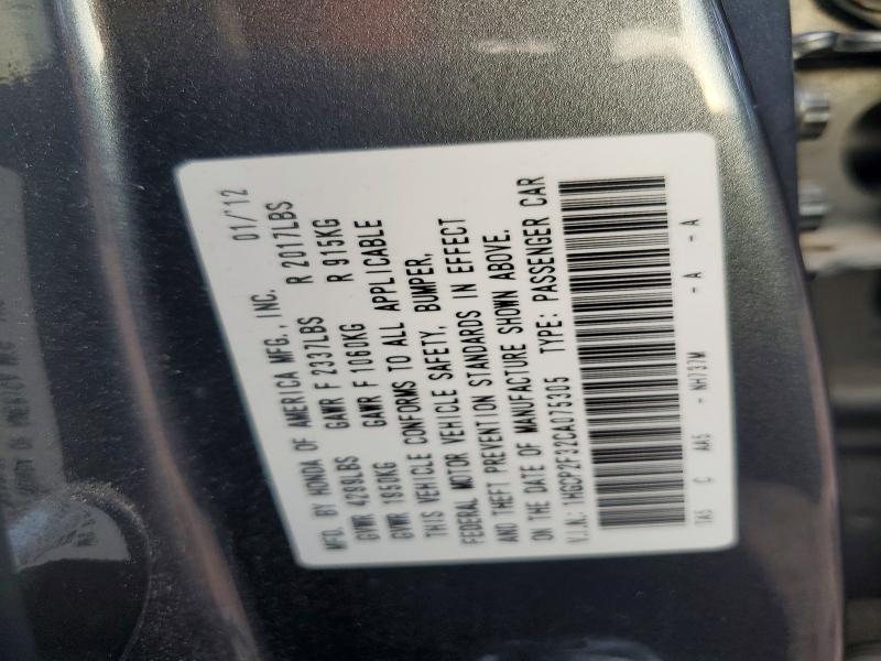 60476576 :رقم المزاد ، 1HGCP2F32CA075305 vin ، 2012 Honda Accord مزاد بيع