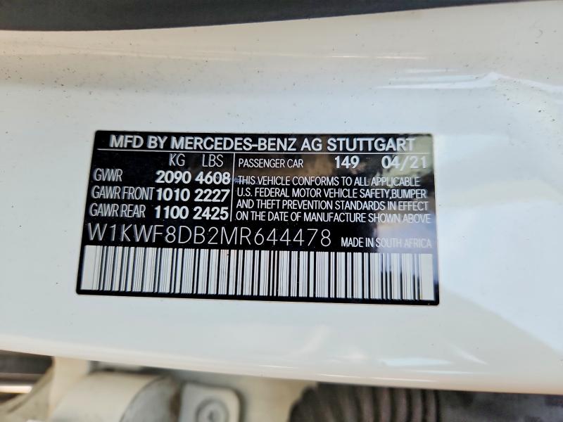2021 Mercedes-benz C მანქანა იყიდება აუქციონზე, vin: W1KWF8DB2MR644478, აუქციონის ნომერი: 61524126