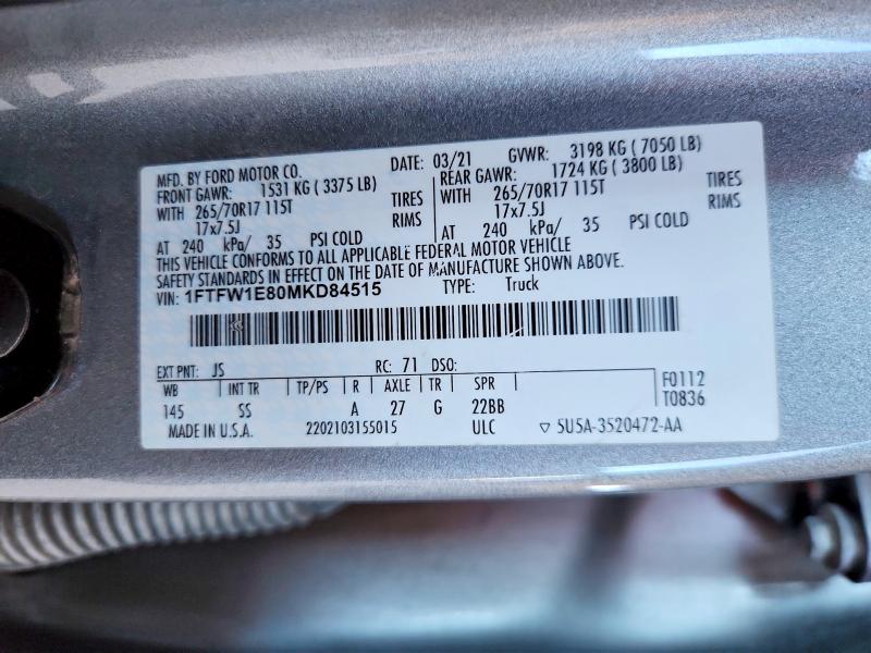 Auction sale of the 2021 Ford F150, vin: 1FTFW1E80MKD84515, lot number: 59375156