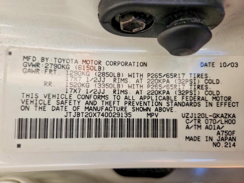 Aukcja sprzedaży 2004 Lexus Gx, vin: JTJBT20X740029135, numer aukcji: 62119136