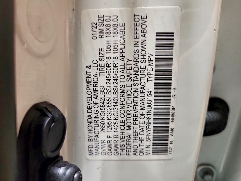 Продажа на аукционе авто 2022 Honda Pilot, vin: 5FNYF6H81NB031541, номер лота: 60075246