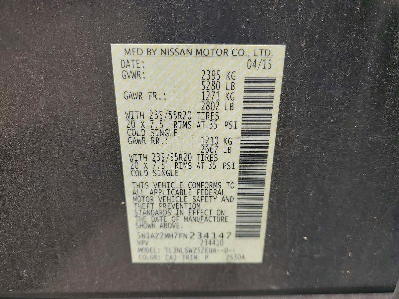 2015 Nissan Murano მანქანა იყიდება აუქციონზე, vin: 5N1AZ2MH7FN234147, აუქციონის ნომერი: 63367436