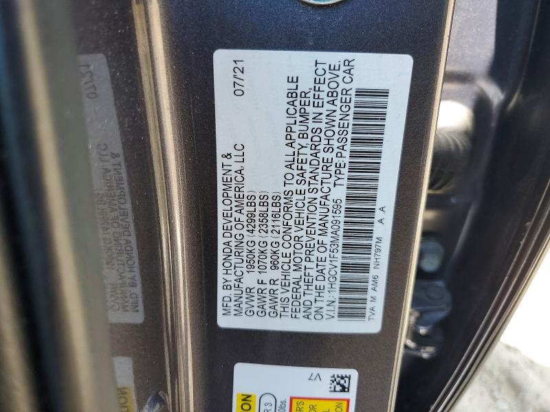 Продаж на аукціоні авто 2021 Honda Accord, vin: 1HGCV1F53MA091595, номер лоту: 60133856