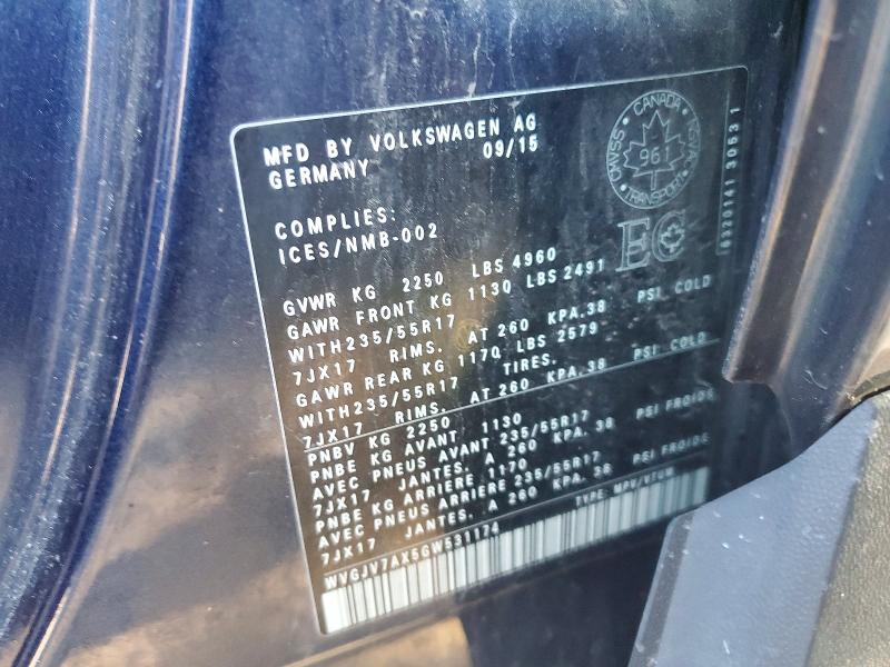 62753936 :رقم المزاد ، WVGJV7AX5GW531174 vin ، 2016 Volkswagen Tiguan مزاد بيع