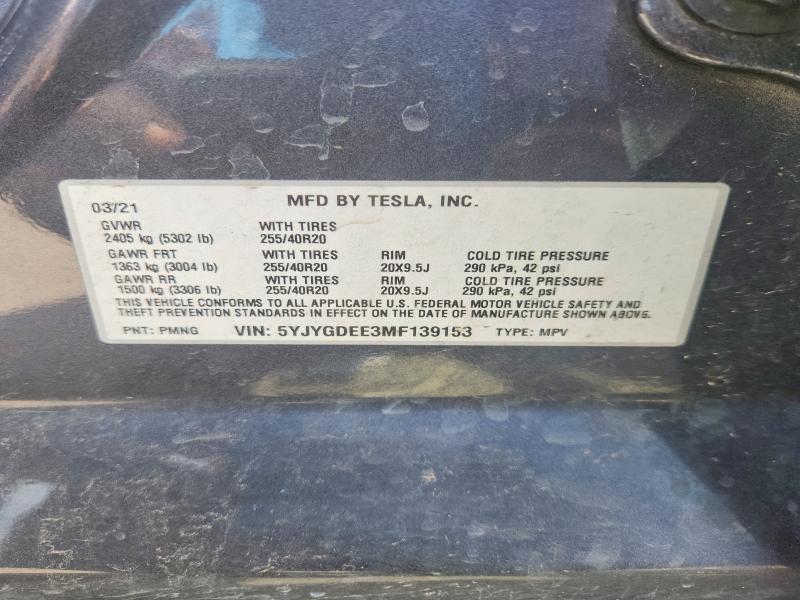 Aukcja sprzedaży 2021 Tesla Model Y, vin: 5YJYGDEE3MF139153, numer aukcji: 60704436