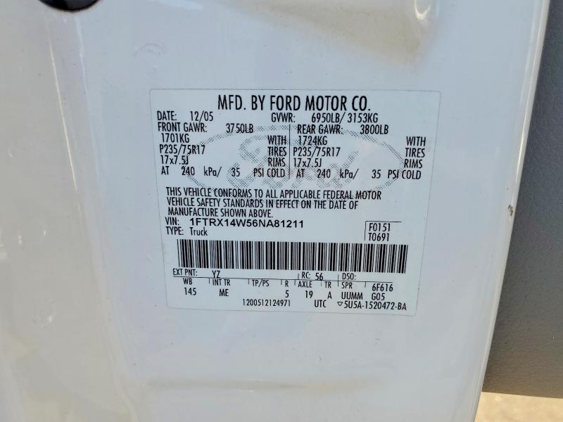 2006 Ford F150 მანქანა იყიდება აუქციონზე, vin: 1FTRX14W56NA81211, აუქციონის ნომერი: 60129796