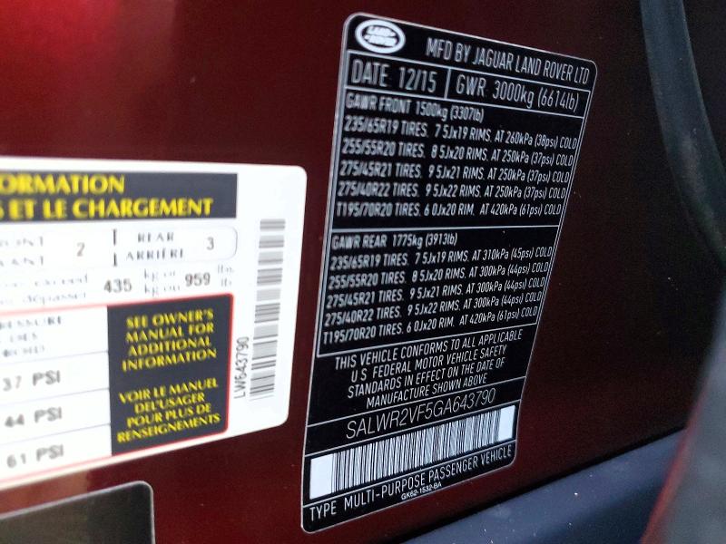 Auction sale of the 2016 Land Rover Range Rover Sport, vin: SALWR2VF5GA643790, lot number: 59350356