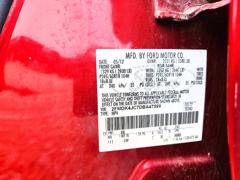 2013 Ford Edge მანქანა იყიდება აუქციონზე, vin: 2FMDK4JC7DBA47599, აუქციონის ნომერი: 62241686