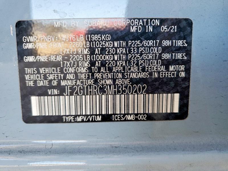Aukcja sprzedaży 2021 Subaru Crosstrek, vin: JF2GTHRC3MH350202, numer aukcji: 63147286