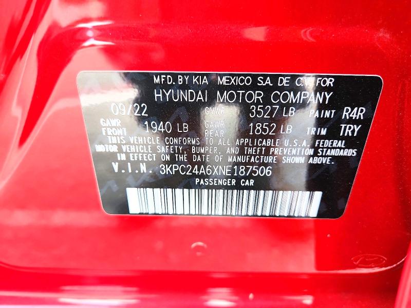 60696026 :رقم المزاد ، 3KPC24A6XNE187506 vin ، 2022 Hyundai Accent مزاد بيع