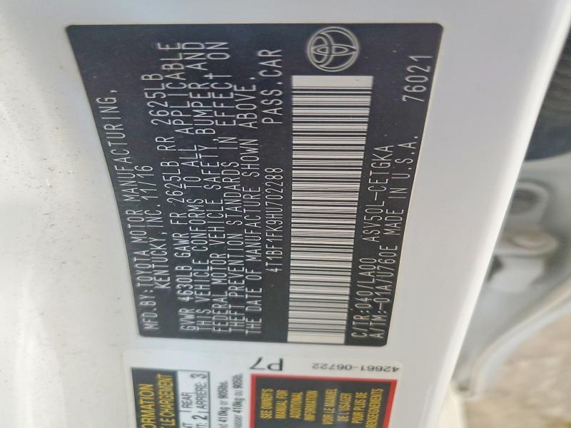 2017 Toyota Camry მანქანა იყიდება აუქციონზე, vin: 4T1BF1FK9HU702288, აუქციონის ნომერი: 61519596