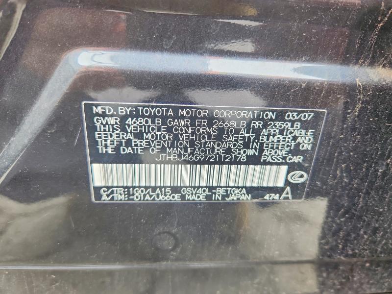 2007 Lexus Es მანქანა იყიდება აუქციონზე, vin: JTHBJ46G972112178, აუქციონის ნომერი: 60007346