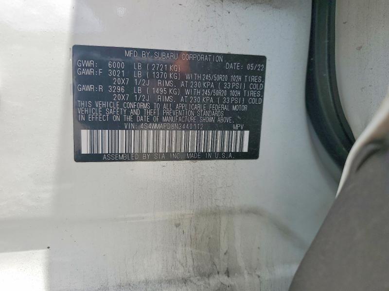 Продаж на аукціоні авто 2022 Subaru Ascent, vin: 4S4WMAPD8N3440112, номер лоту: 59351526