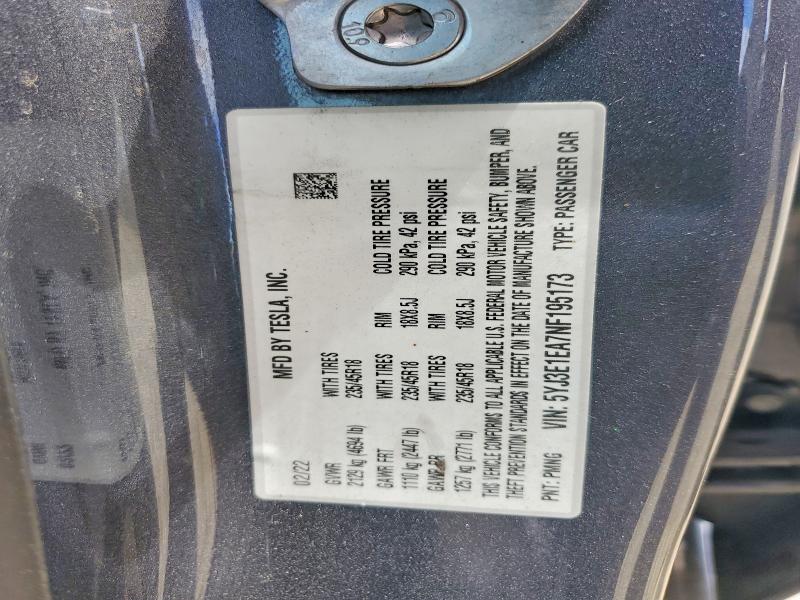 2022 Tesla Model 3 მანქანა იყიდება აუქციონზე, vin: 5YJ3E1EA7NF195173, აუქციონის ნომერი: 60094576