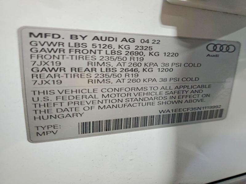 Aukcja sprzedaży 2022 Audi Q3, vin: WA1EECF35N1119992, numer aukcji: 61548656