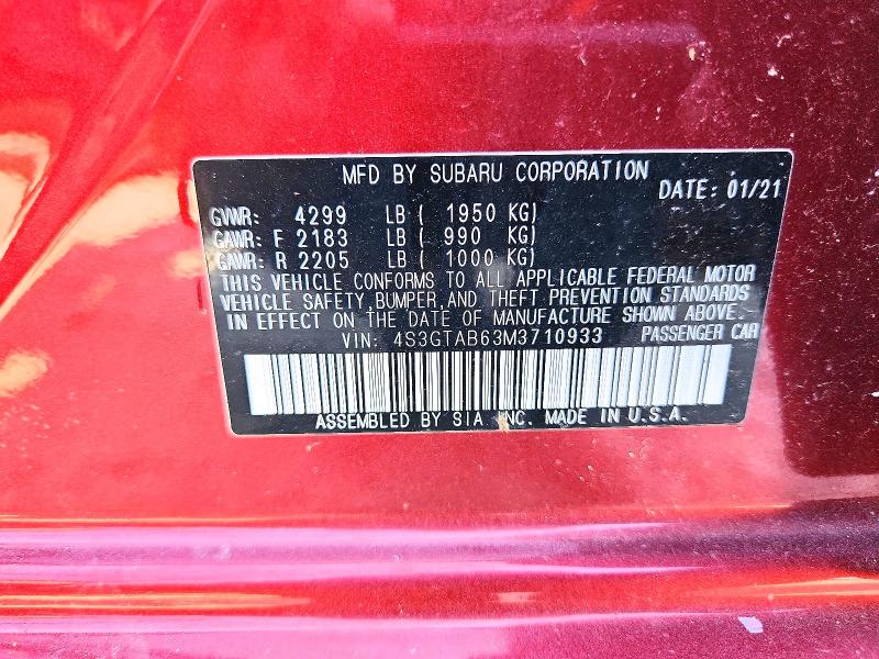 62568096 :رقم المزاد ، 4S3GTAB63M3710933 vin ، 2021 Subaru Impreza مزاد بيع