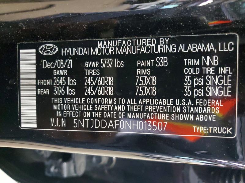 2022 Hyundai Santa Cruz მანქანა იყიდება აუქციონზე, vin: 5NTJDDAF0NH013507, აუქციონის ნომერი: 59862966