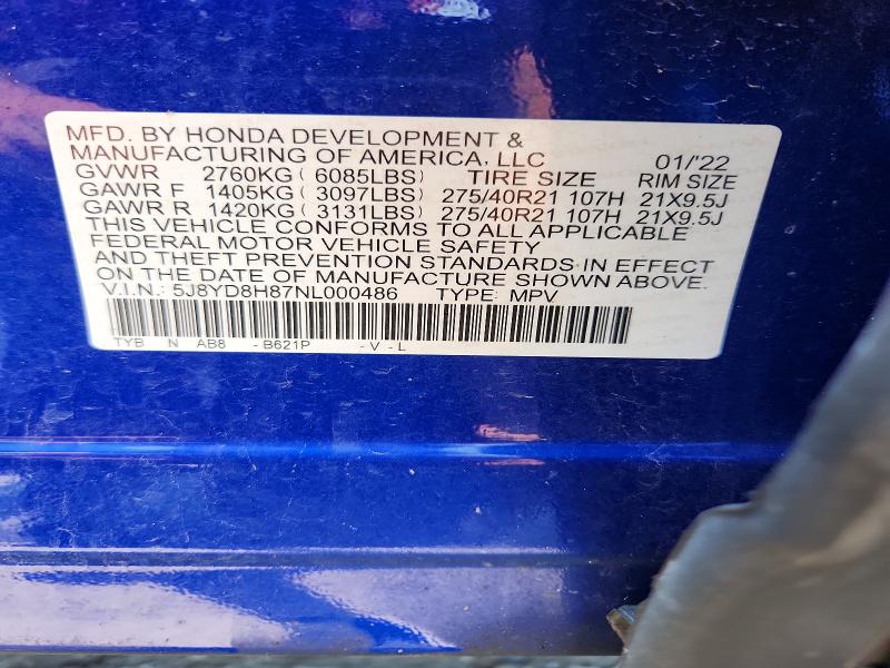 2022 Acura Mdx მანქანა იყიდება აუქციონზე, vin: 5J8YD8H87NL000486, აუქციონის ნომერი: 63066756