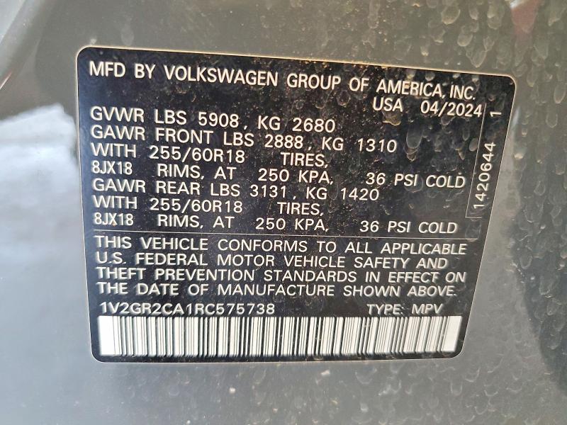 Aukcja sprzedaży 2024 Volkswagen Atlas, vin: 1V2GR2CA1RC575738, numer aukcji: 59990146