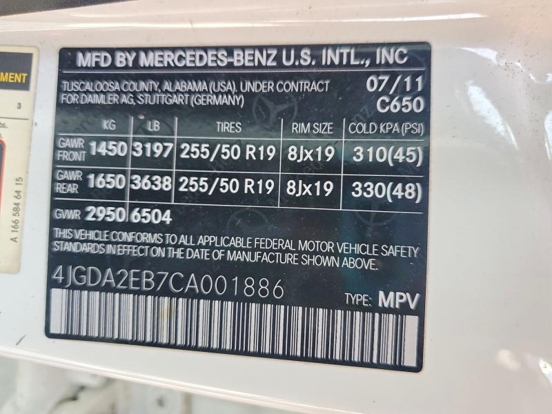 Aukcja sprzedaży 2012 Mercedes-benz Ml, vin: 4JGDA2EB7CA001886, numer aukcji: 62283116