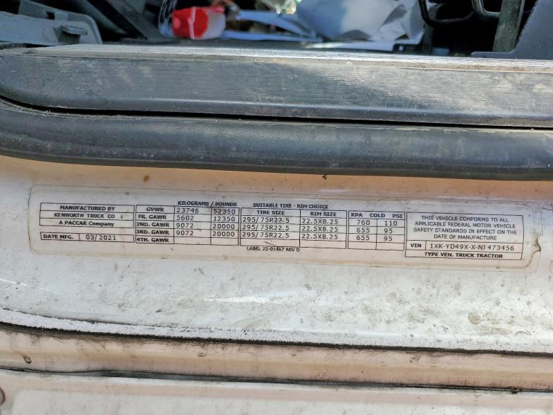 2022 Kenworth Construction მანქანა იყიდება აუქციონზე, vin: 1XKYD49XXNJ473456, აუქციონის ნომერი: 58153146