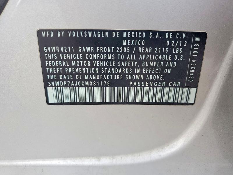 61682326 :رقم المزاد ، 3VWDP7AJ0CM381179 vin ، 2012 Volkswagen Jetta مزاد بيع