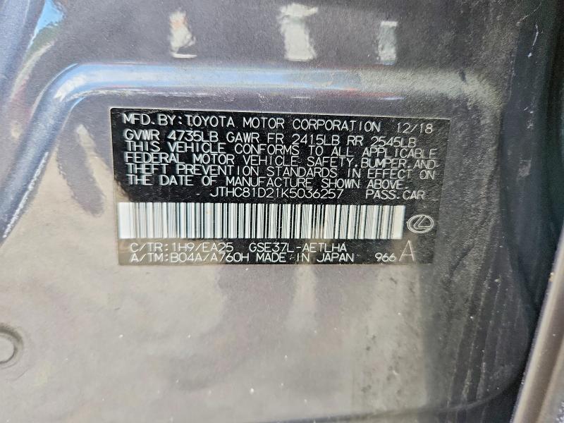 Aukcja sprzedaży 2019 Lexus Is, vin: JTHC81D21K5036257, numer aukcji: 62809266