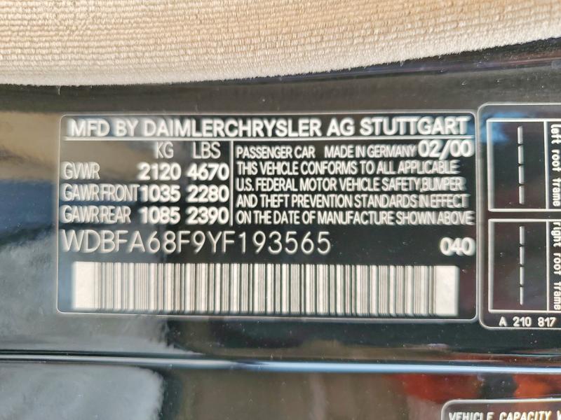 Продаж на аукціоні авто 2000 Mercedes-benz Sl, vin: WDBFA68F9YF193565, номер лоту: 63053216