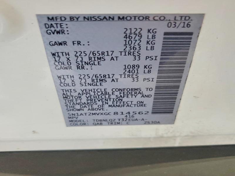 2016 Nissan Rogue მანქანა იყიდება აუქციონზე, vin: 5N1AT2MVXGC814562, აუქციონის ნომერი: 61903486