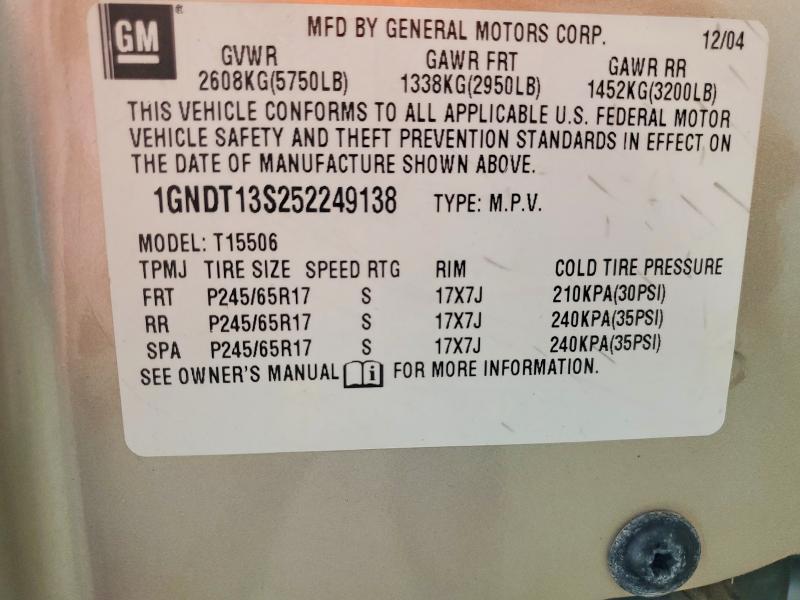 61326666 :رقم المزاد ، 1GNDT13S252249138 vin ، 2005 Chevrolet Trailblazer مزاد بيع