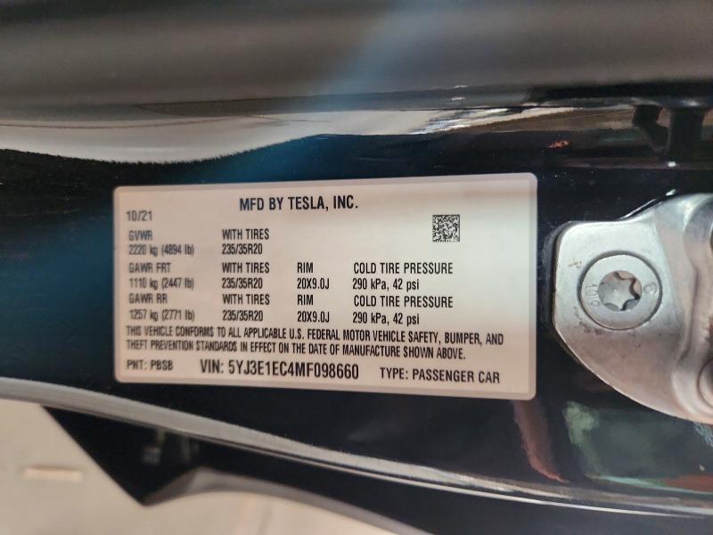 2021 Tesla Model 3 მანქანა იყიდება აუქციონზე, vin: 5YJ3E1EC4MF098660, აუქციონის ნომერი: 61888096