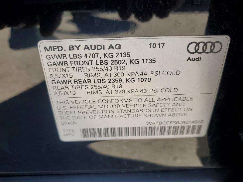 2018 Audi Q3 მანქანა იყიდება აუქციონზე, vin: WA1BCCFS6JR014910, აუქციონის ნომერი: 61774426