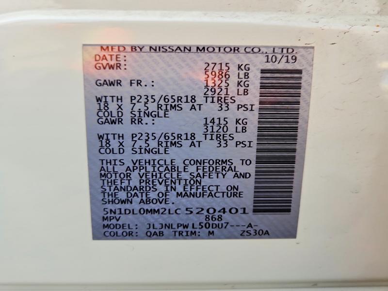60755446 :رقم المزاد ، 5N1DL0MM2LC520401 vin ، 2020 Infiniti Qx60 مزاد بيع